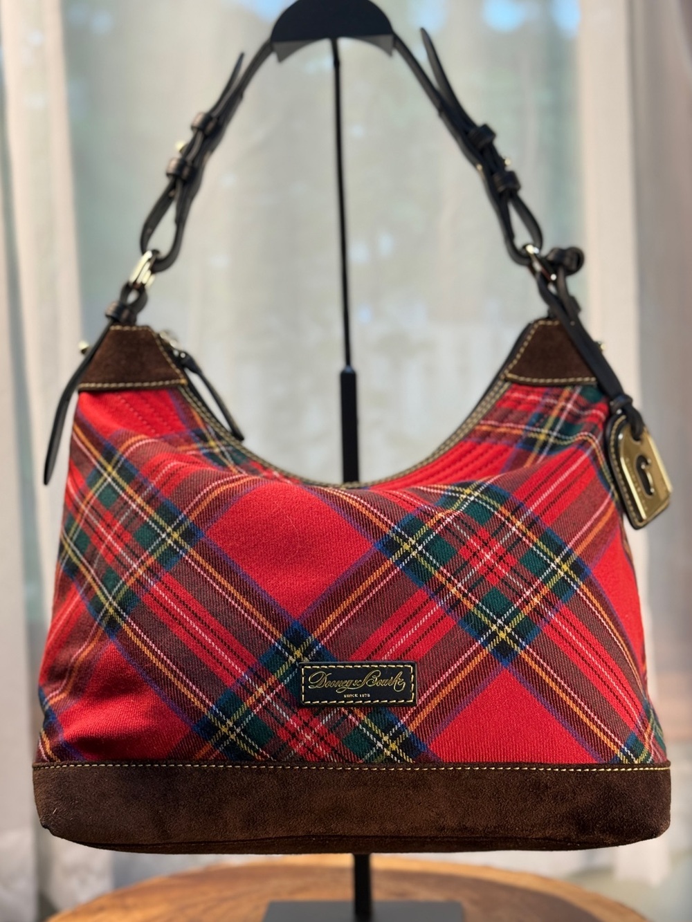 Dooney & Bourke Red Tartan Plaid Hobo Shoulder Bag Dark Brown Suede Trim EUC